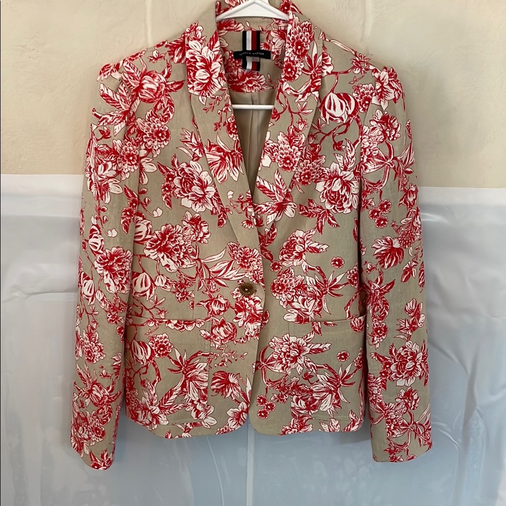 Tommy Hilfiger Red and Tan Floral Suit Jacket Tailored Fit